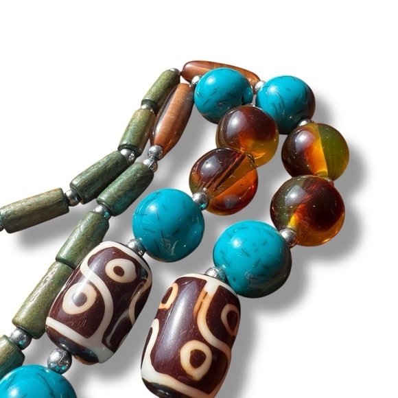 Statement Blue and Brown Beaded Necklace Wood Beads - Picture 10 of 10